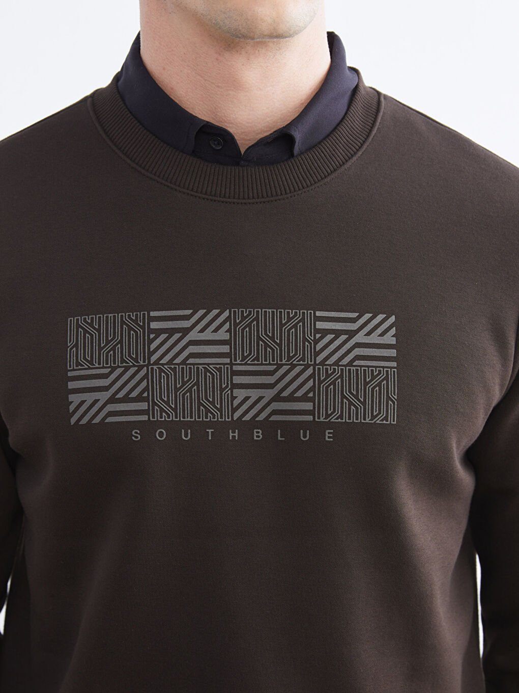 Kahverengi Bisiklet Yaka Baskılı Erkek Kalın Sweatshirt-2