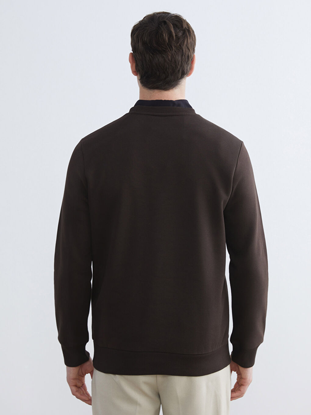 Kahverengi Bisiklet Yaka Baskılı Erkek Kalın Sweatshirt-3