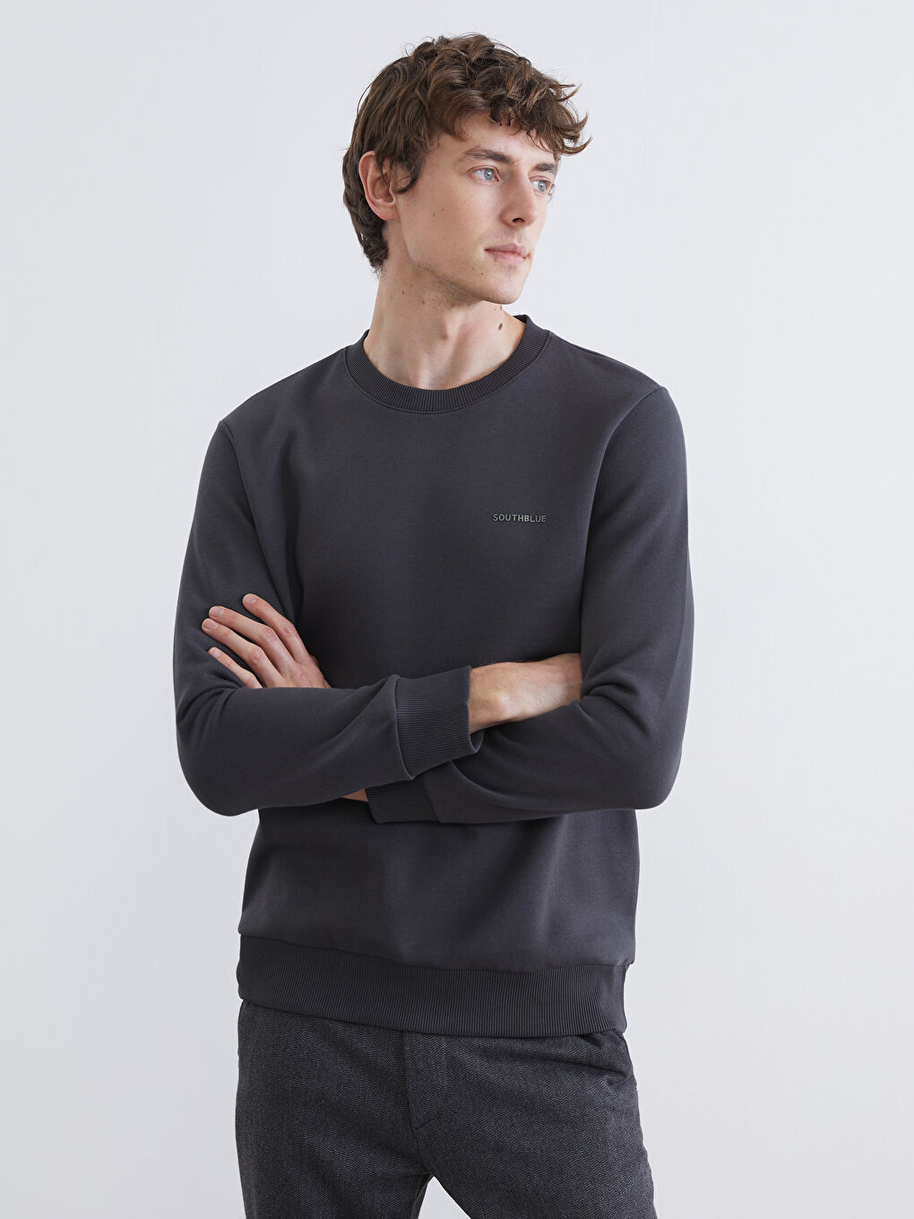 Antrasit Bisiklet Yaka Baskılı Erkek Kalın Sweatshirt