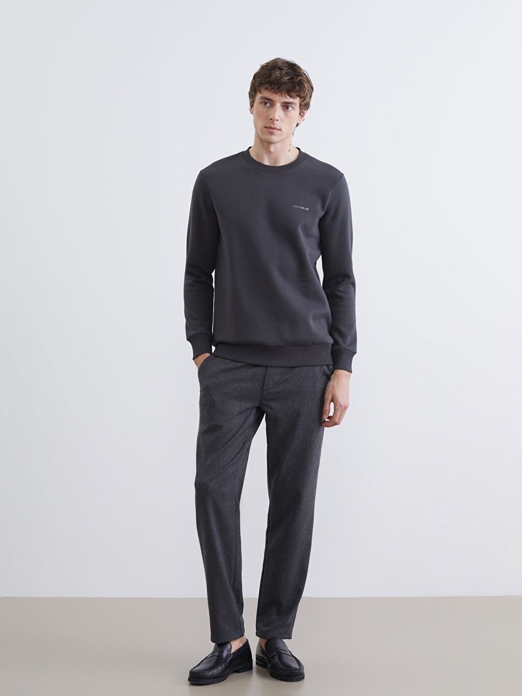 Antrasit Bisiklet Yaka Baskılı Erkek Kalın Sweatshirt-1