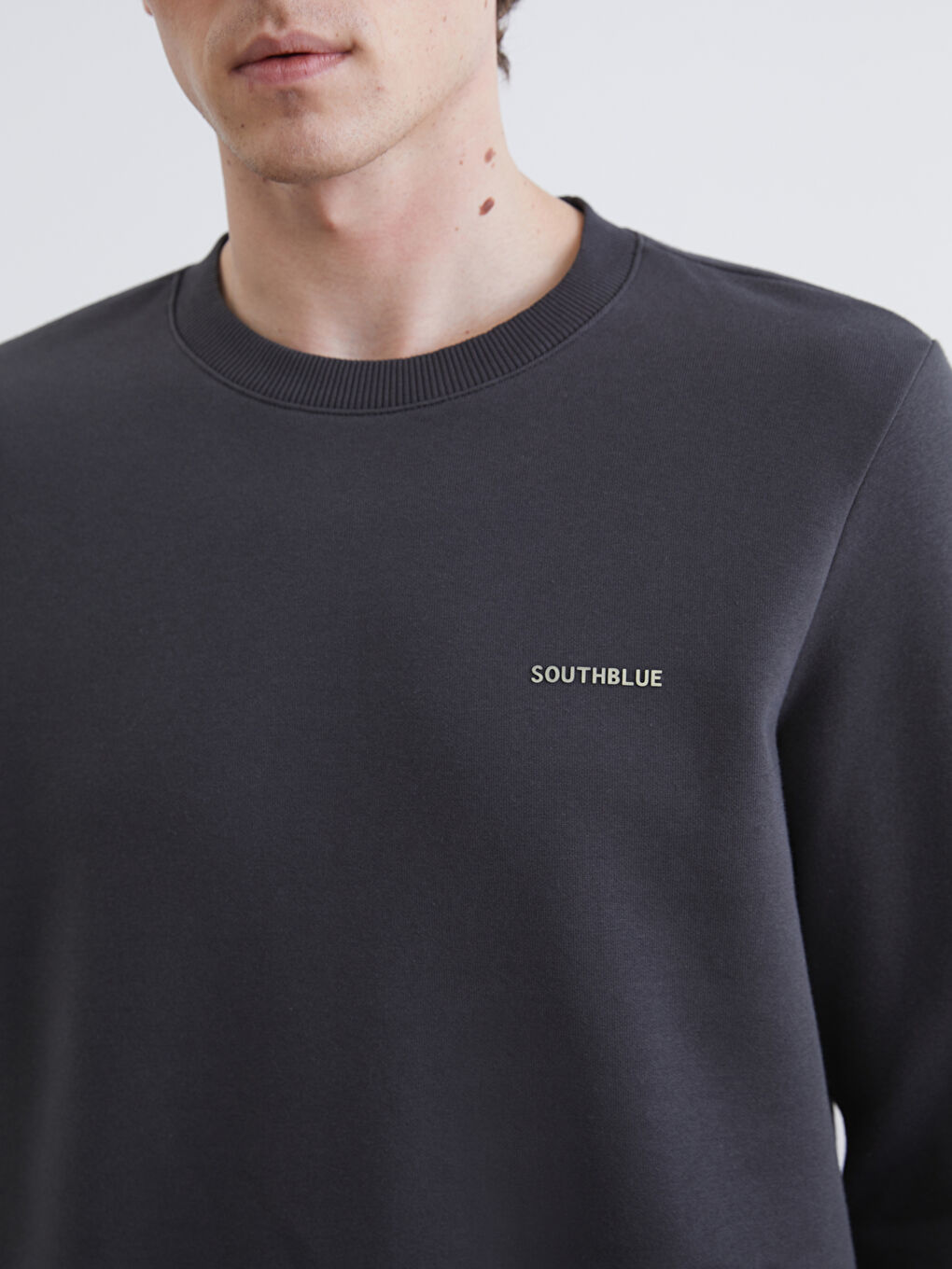 Antrasit Bisiklet Yaka Baskılı Erkek Kalın Sweatshirt-2