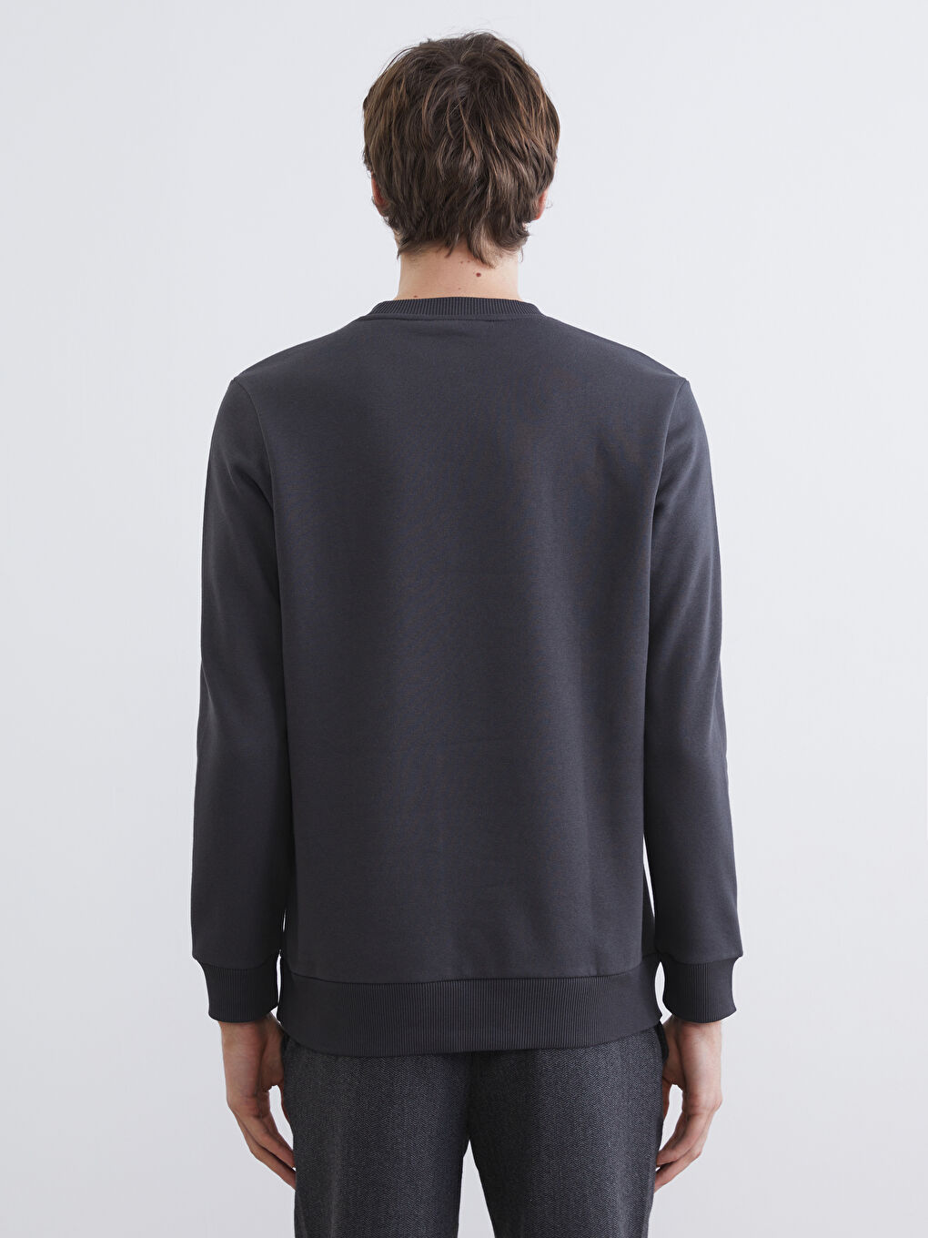 Antrasit Bisiklet Yaka Baskılı Erkek Kalın Sweatshirt-3