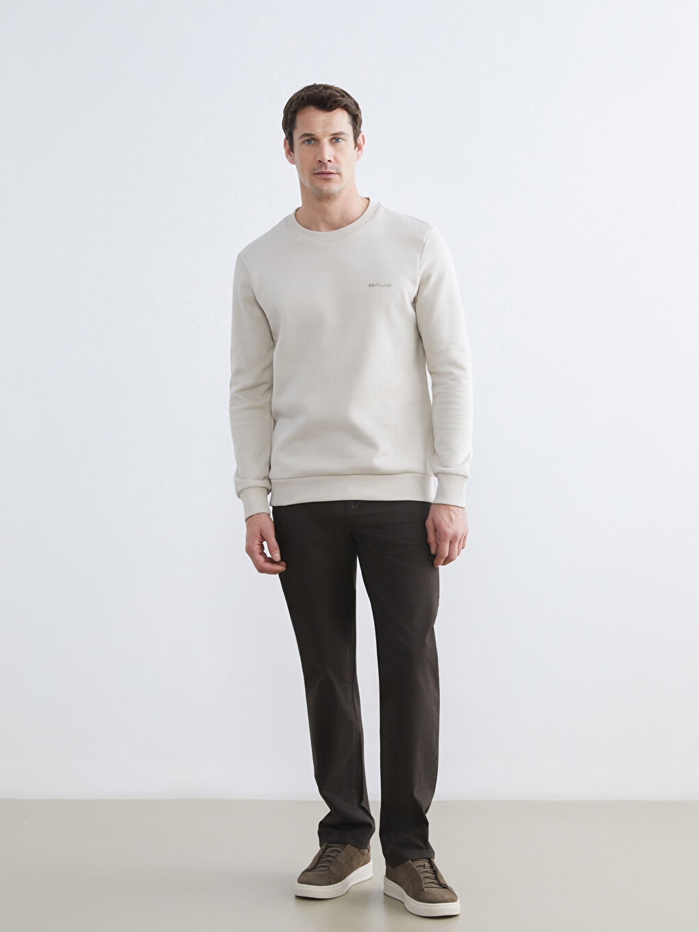 Bej Bisiklet Yaka Baskılı Erkek Kalın Sweatshirt-1