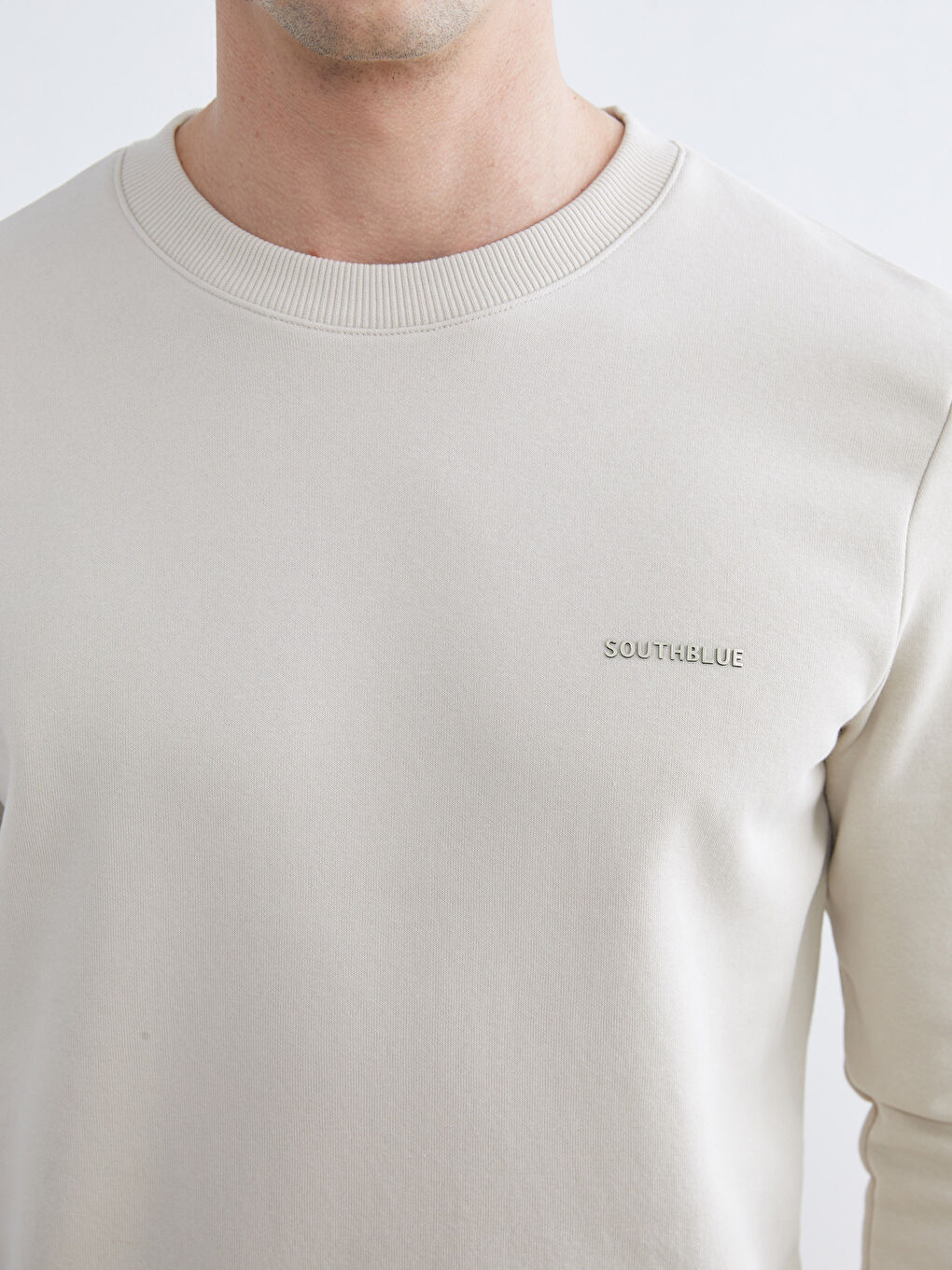 Bej Bisiklet Yaka Baskılı Erkek Kalın Sweatshirt-2