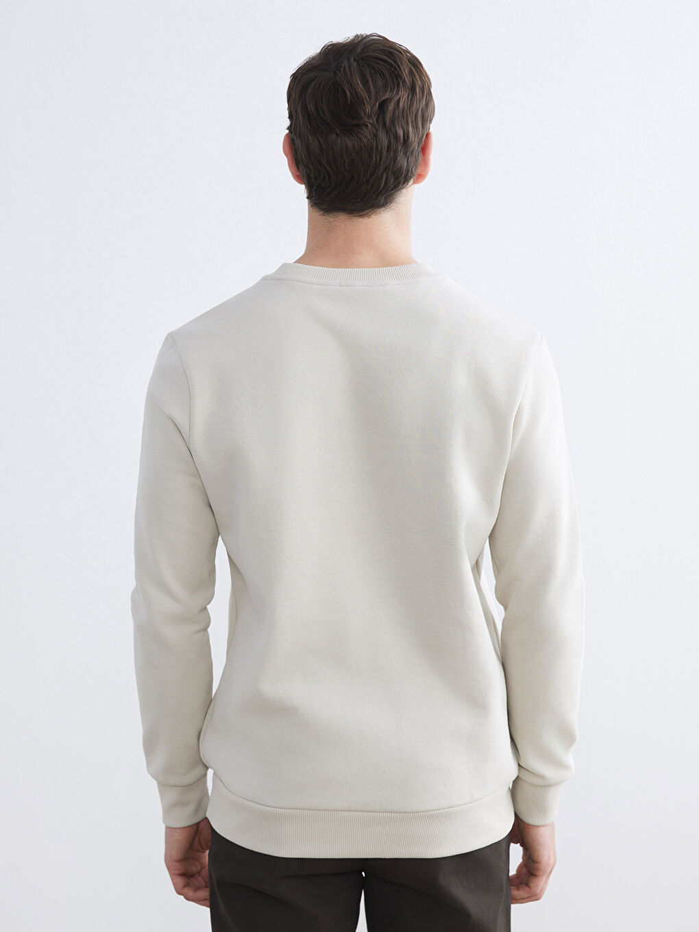 Bej Bisiklet Yaka Baskılı Erkek Kalın Sweatshirt-3