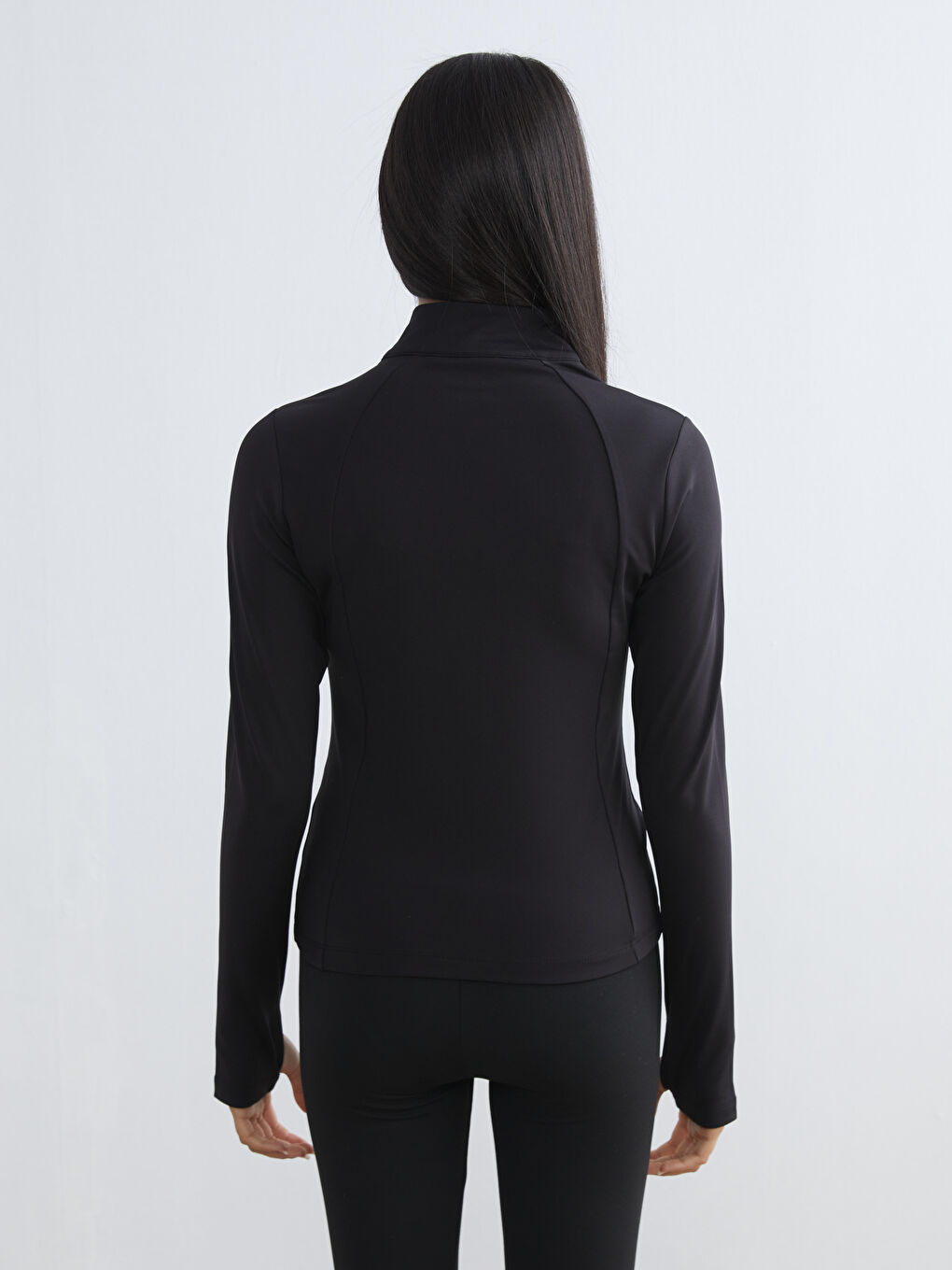 Siyah Dik Yaka Parmak Geçmeli Kadın Fermuarlı Sweatshirt-3