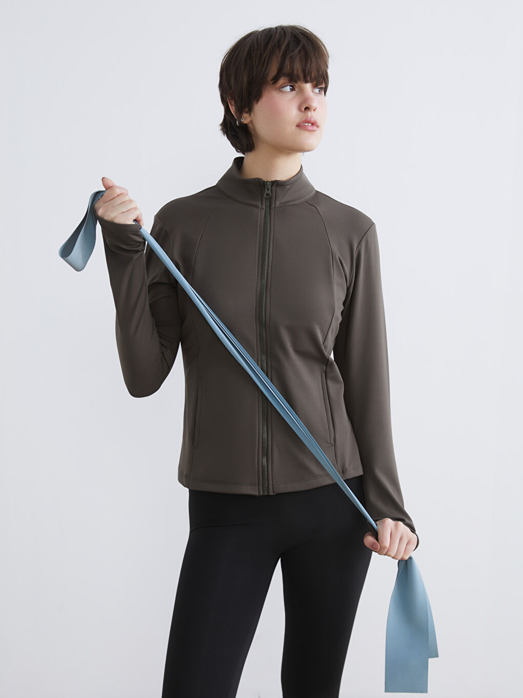 Funnel Neck Finger Hole Women's Zippered Sweatshirt