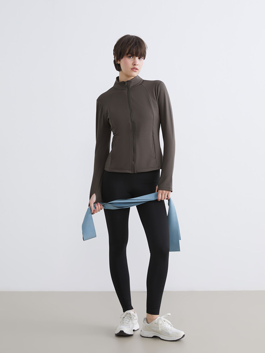 Funnel Neck Finger Hole Women's Zippered Sweatshirt-1