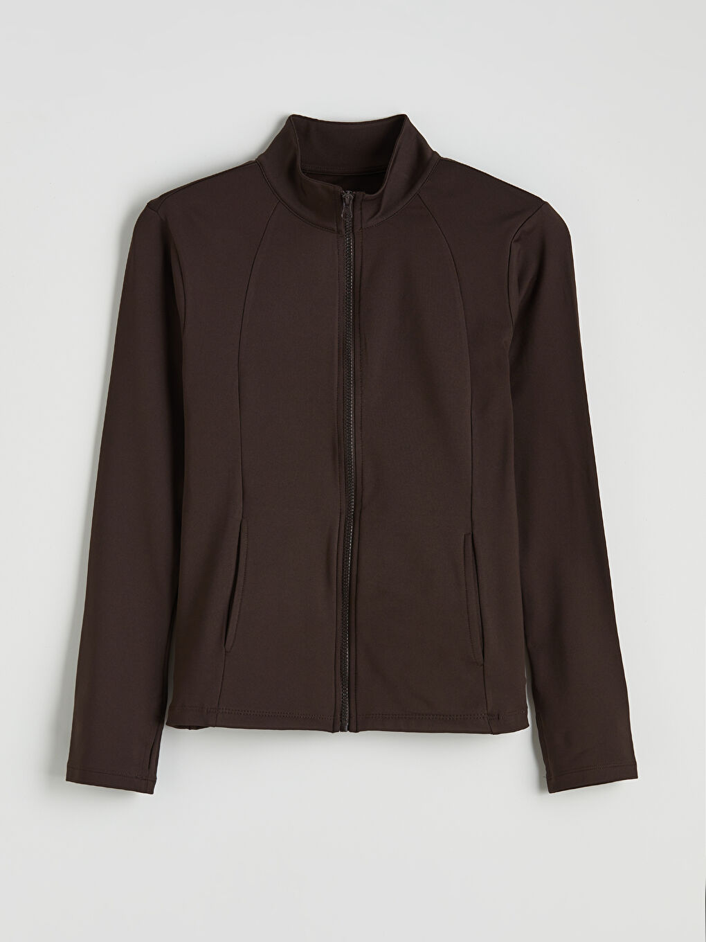 Kahverengi Dik Yaka Parmak Geçmeli Kadın Fermuarlı Sweatshirt