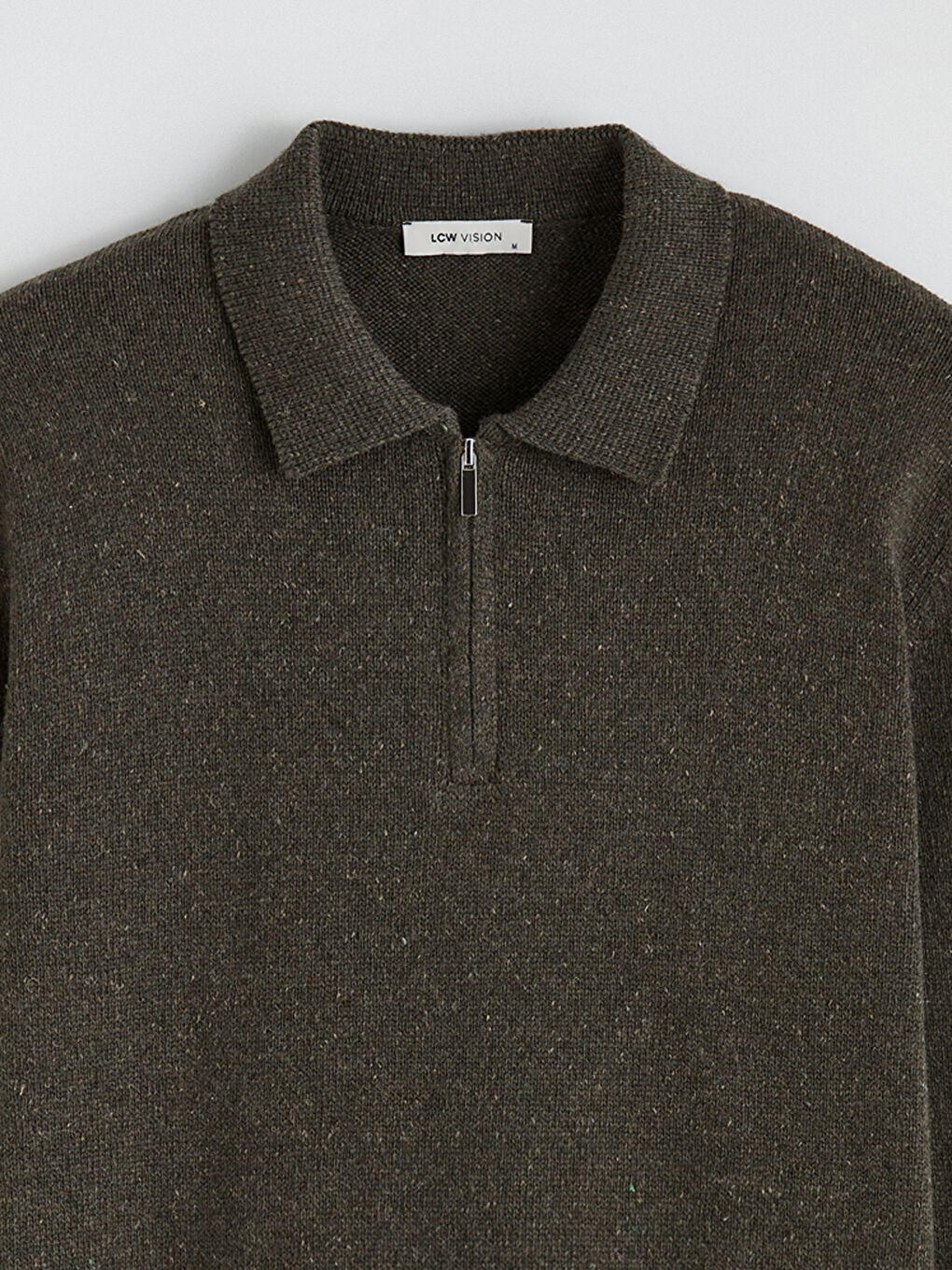 Haki Polo Yaka Yarım Fermuarlı Erkek Triko Kazak-1