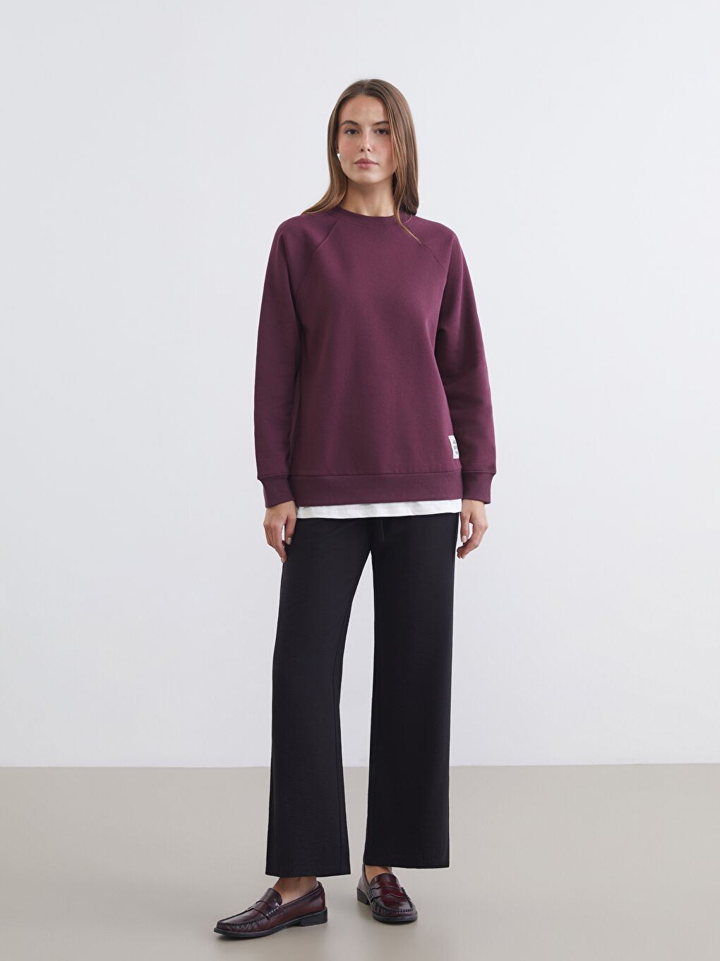 Mürdüm Bisiklet Yaka Oversize Kadın Kalın Sweatshirt-1