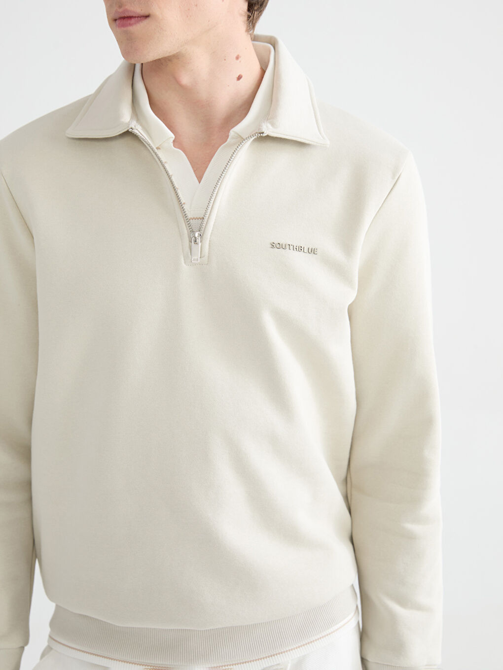 Bej Polo Yaka Baskılı Erkek Kalın Sweatshirt-2