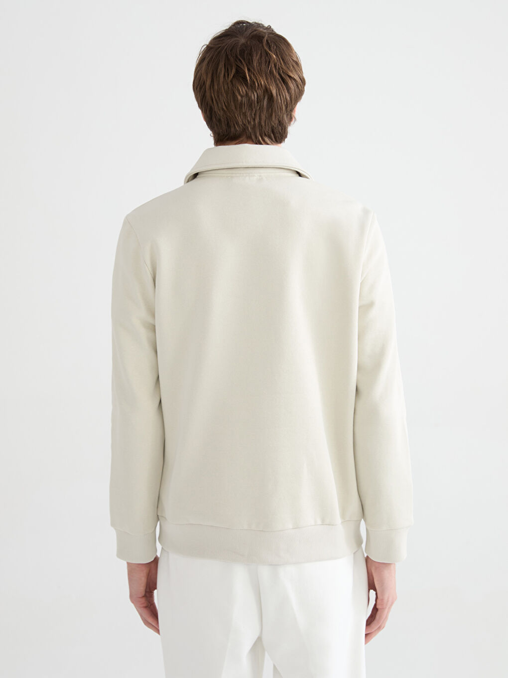 Bej Polo Yaka Baskılı Erkek Kalın Sweatshirt-3