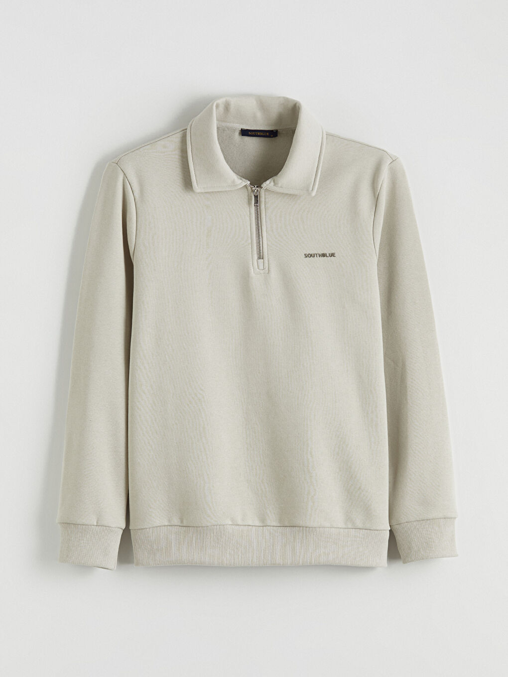 Bej Polo Yaka Baskılı Erkek Kalın Sweatshirt-4