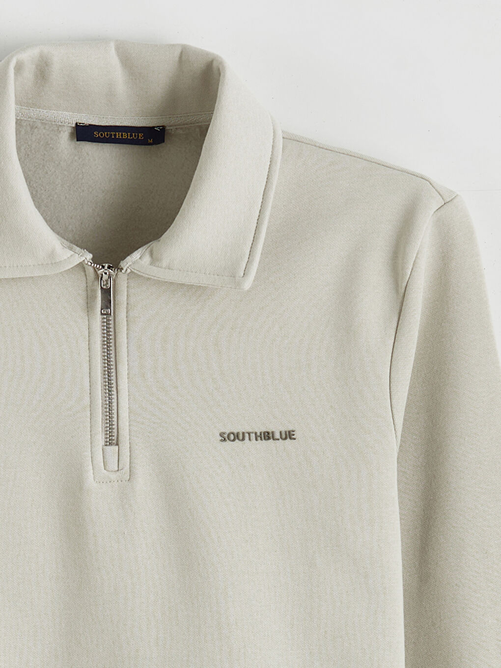 Bej Polo Yaka Baskılı Erkek Kalın Sweatshirt-5