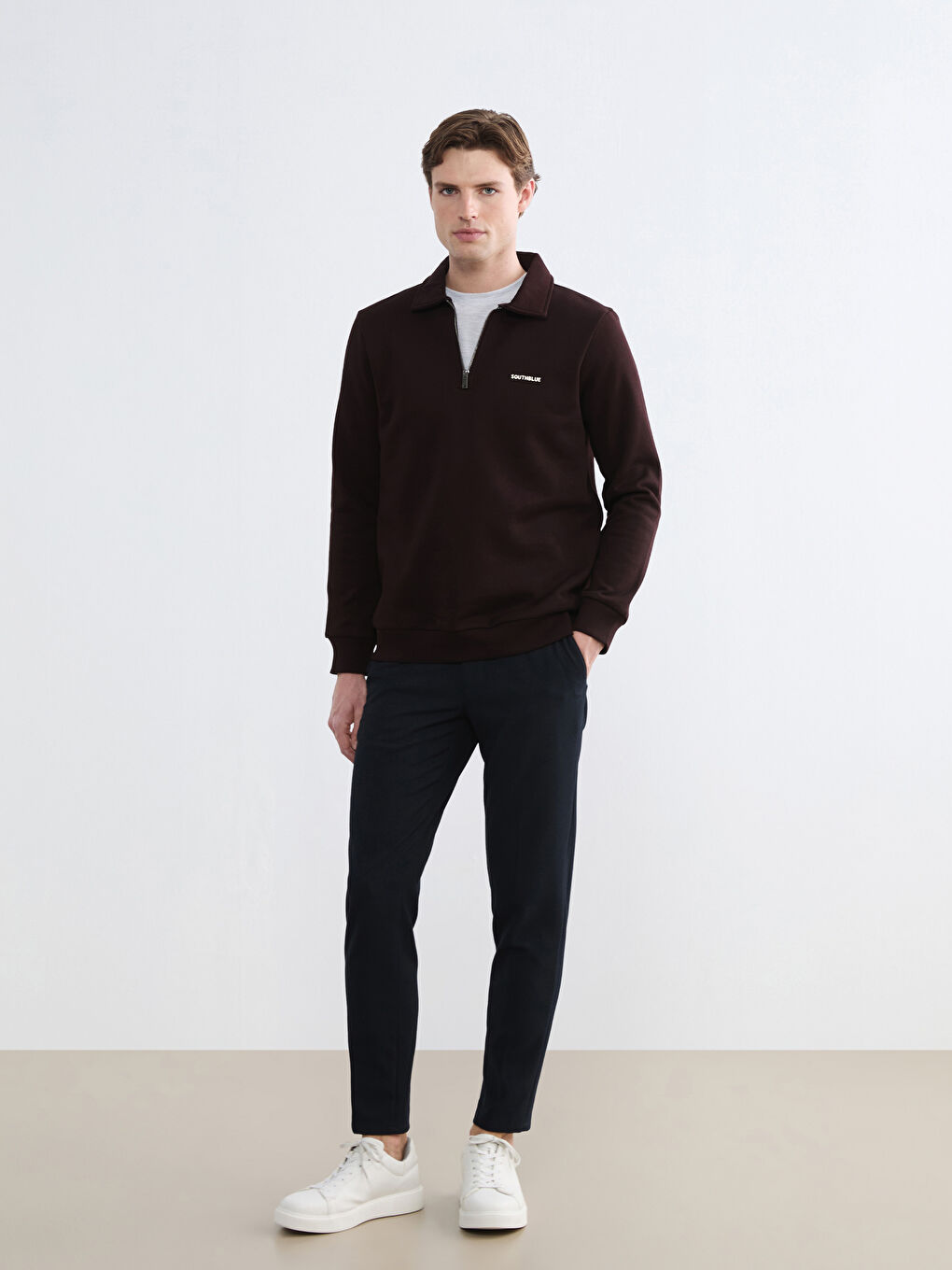 Kahverengi Polo Yaka Baskılı Erkek Kalın Sweatshirt-1