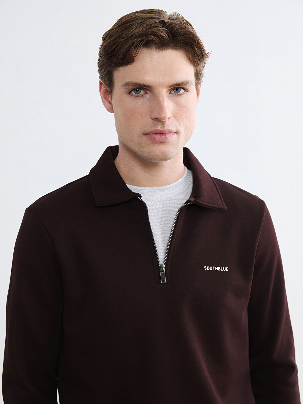 Kahverengi Polo Yaka Baskılı Erkek Kalın Sweatshirt-2