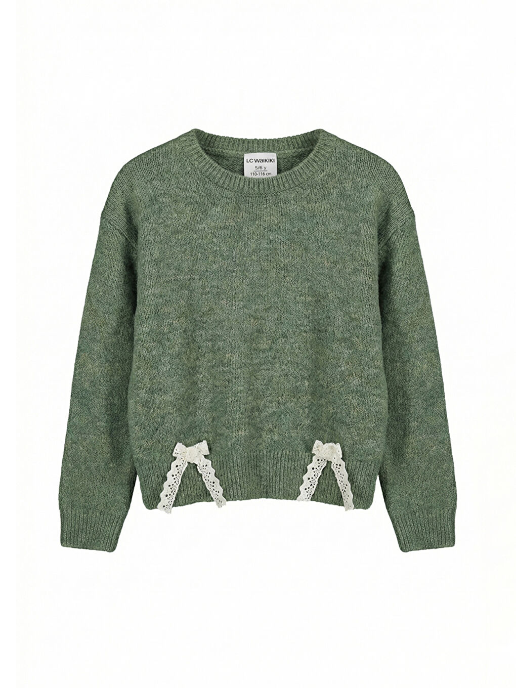 Yeşil Bisiklet Yaka Dantel Detaylı Kız Bebek Triko Kazak