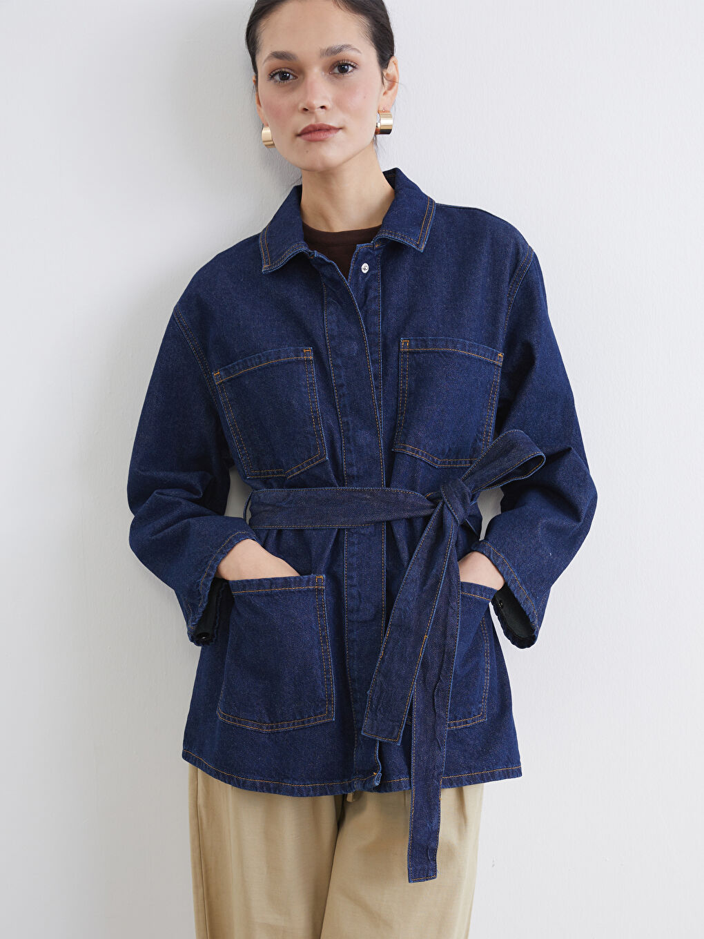 İndigo Gömlek Yaka Kadın Jean Ceket