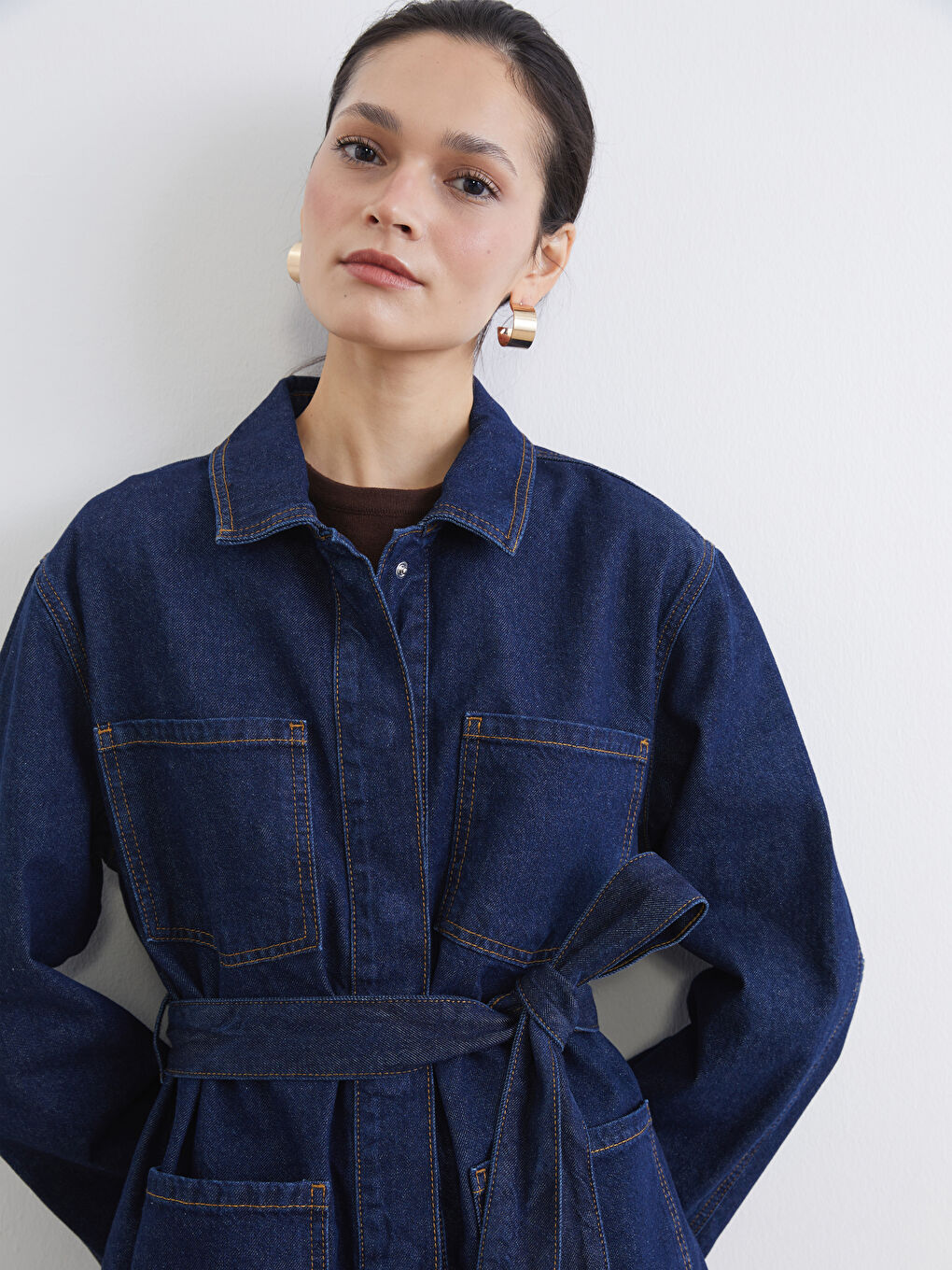 İndigo Gömlek Yaka Kadın Jean Ceket-2