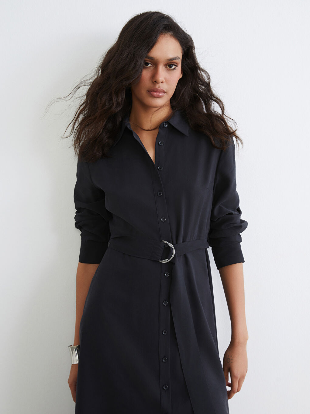 Antrasit Beli Kemerli Gömlek Elbise-1