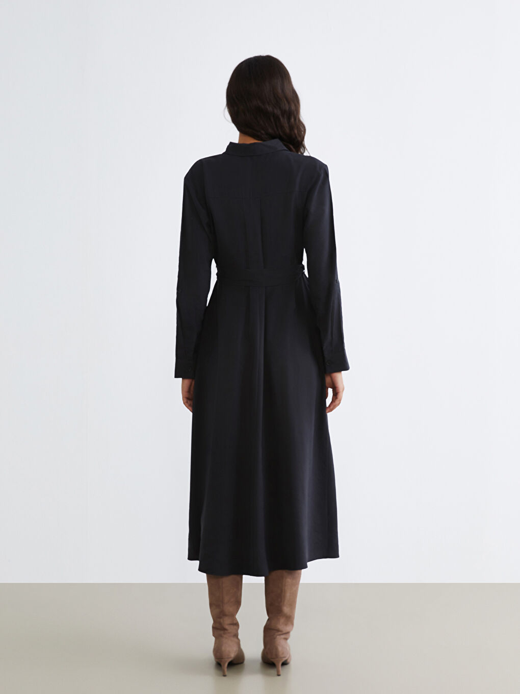 Antrasit Beli Kemerli Gömlek Elbise-3