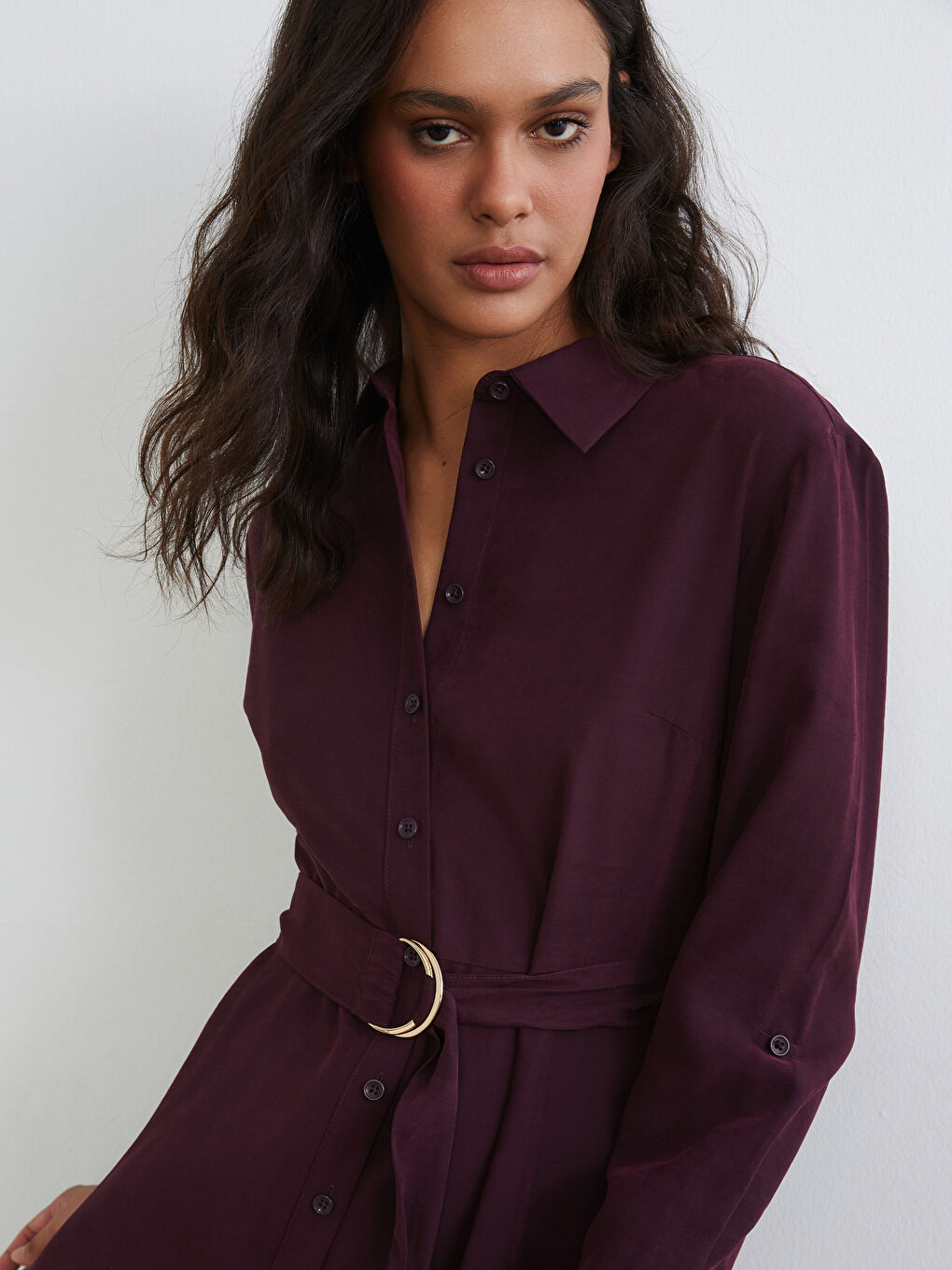 Bordo Beli Kemerli Gömlek Elbise-2