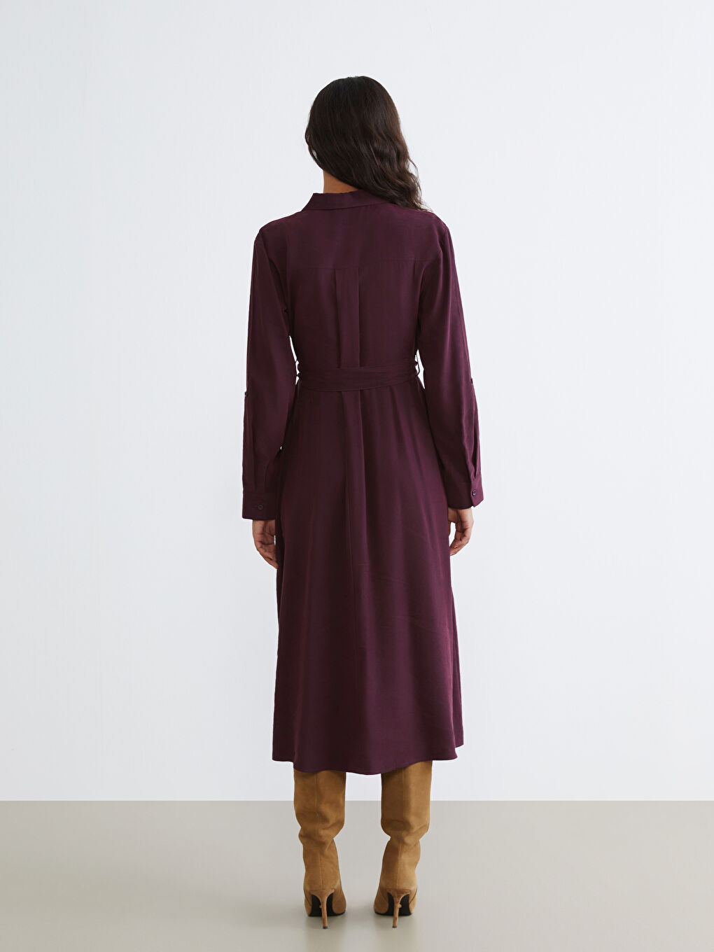 Bordo Beli Kemerli Gömlek Elbise-3