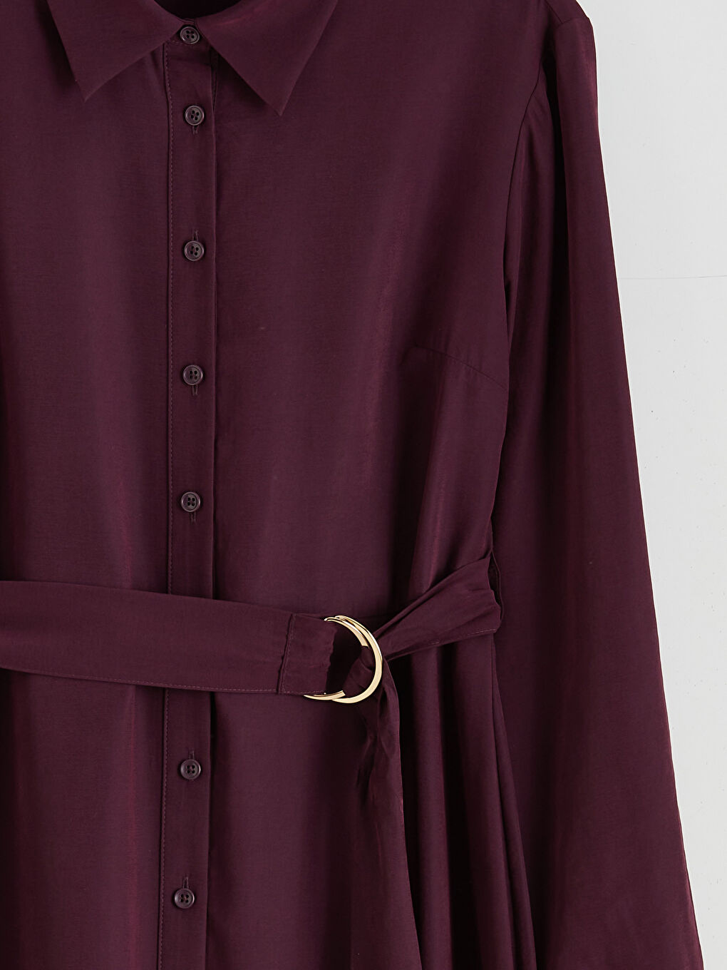 Bordo Beli Kemerli Gömlek Elbise-5