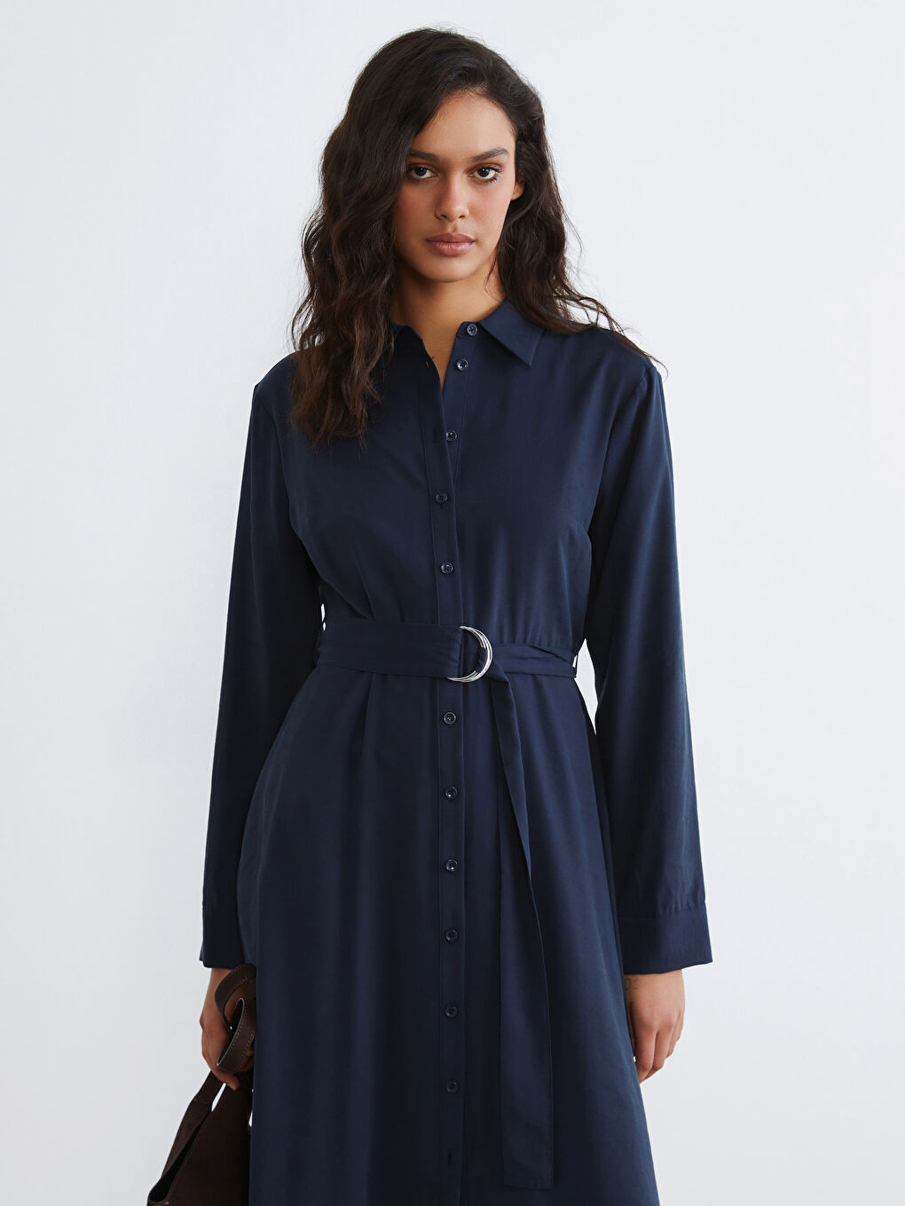 Lacivert Beli Kemerli Gömlek Elbise-1