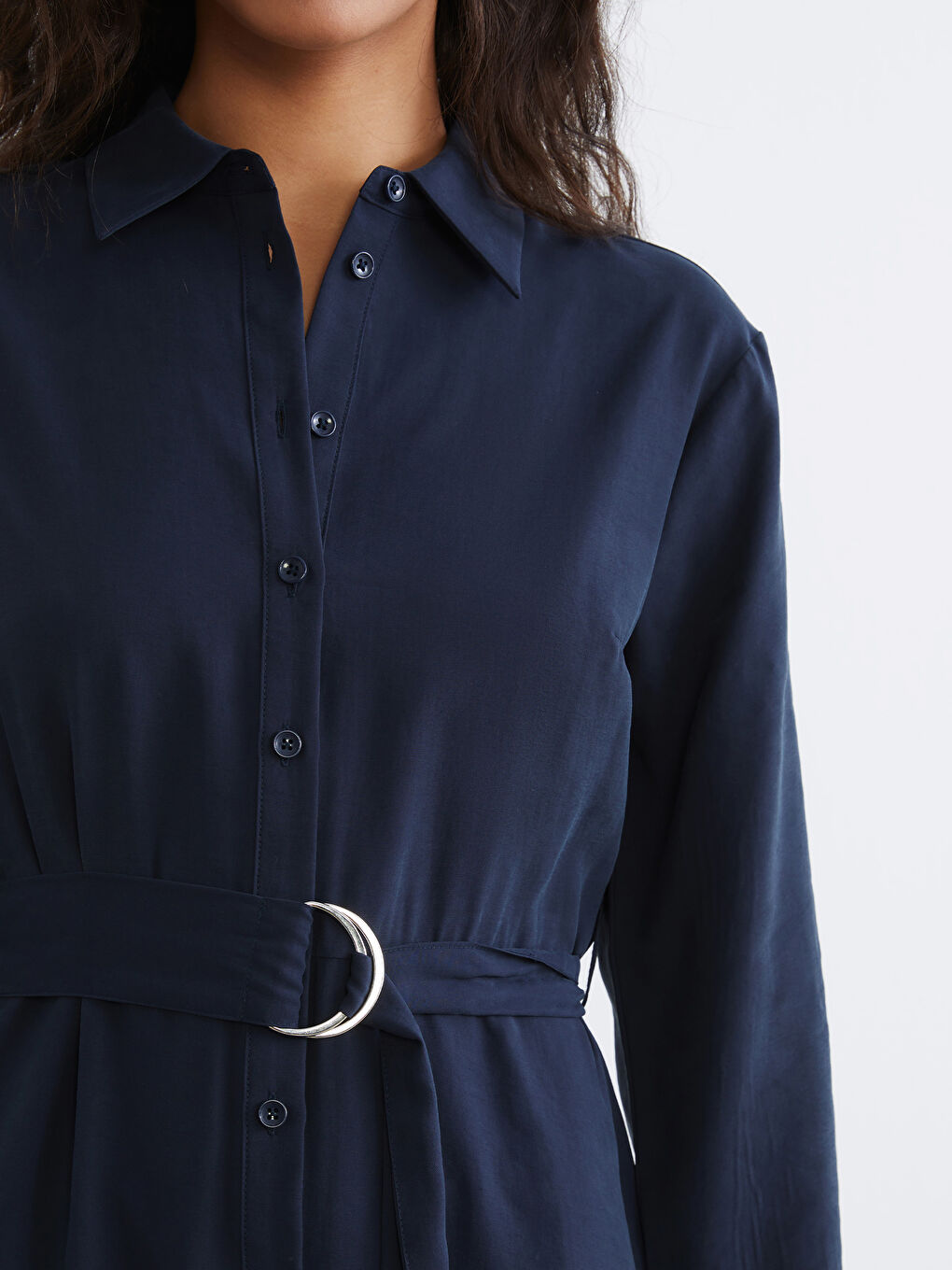 Lacivert Beli Kemerli Gömlek Elbise-2