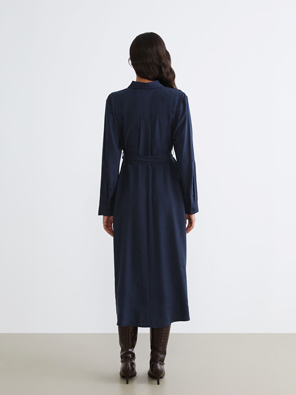 Lacivert Beli Kemerli Gömlek Elbise-3