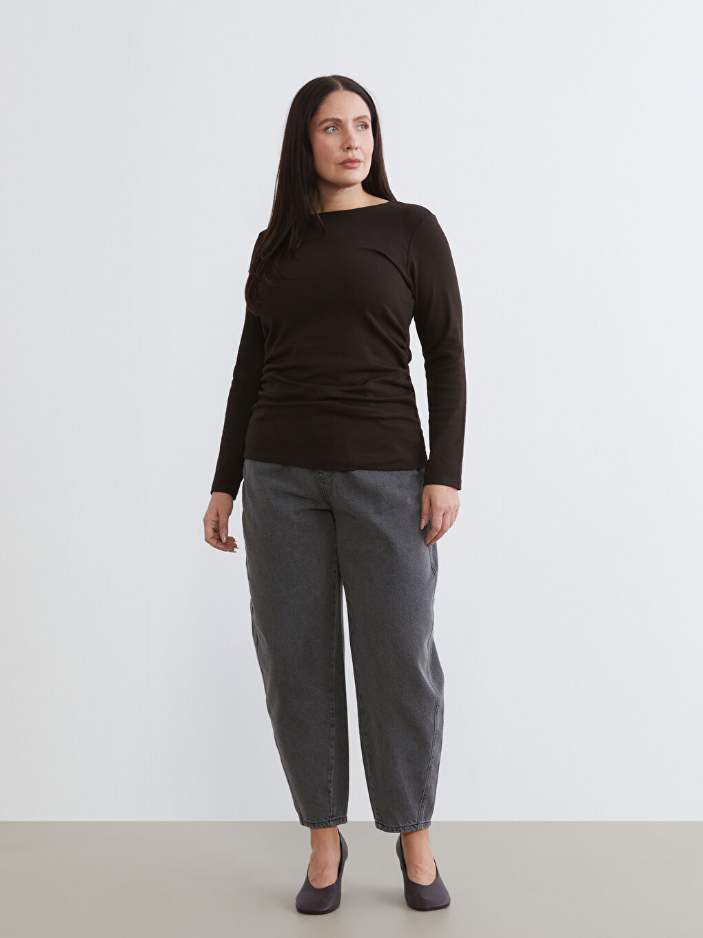 Kahverengi Büyük Beden Bisiklet Yaka Büzgülü Bluz-1