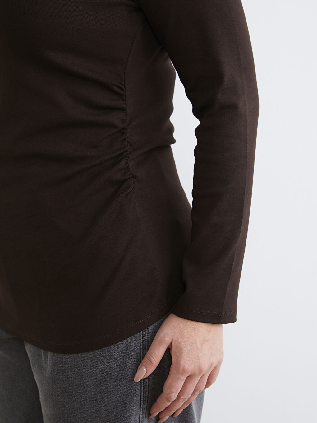 Kahverengi Büyük Beden Bisiklet Yaka Büzgülü Bluz-2