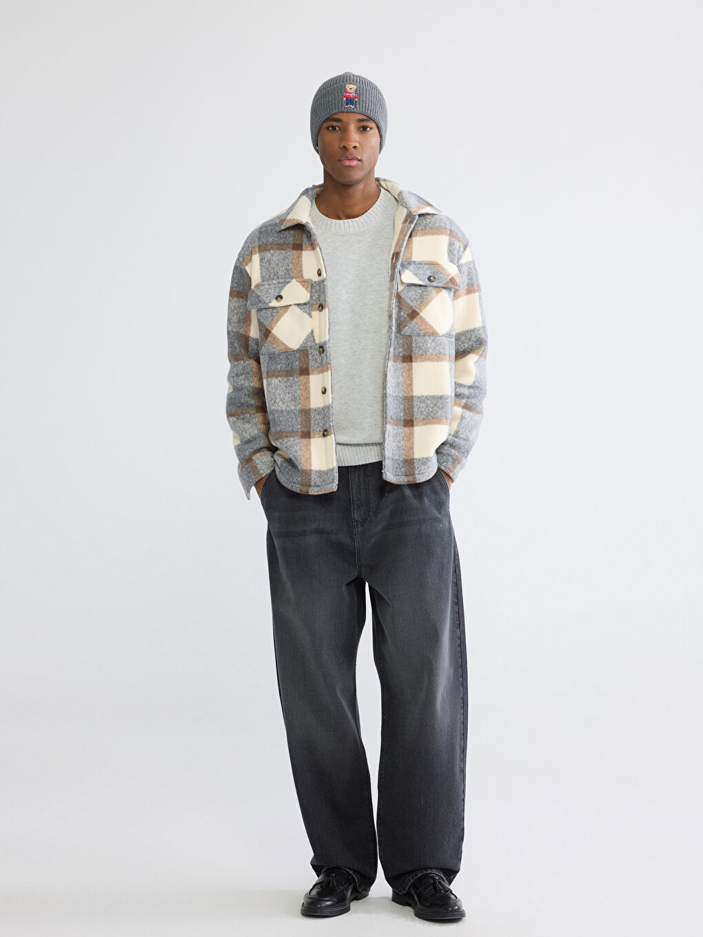 Gri Ayı Teddy Nakışlı Erkek Triko Bere-1