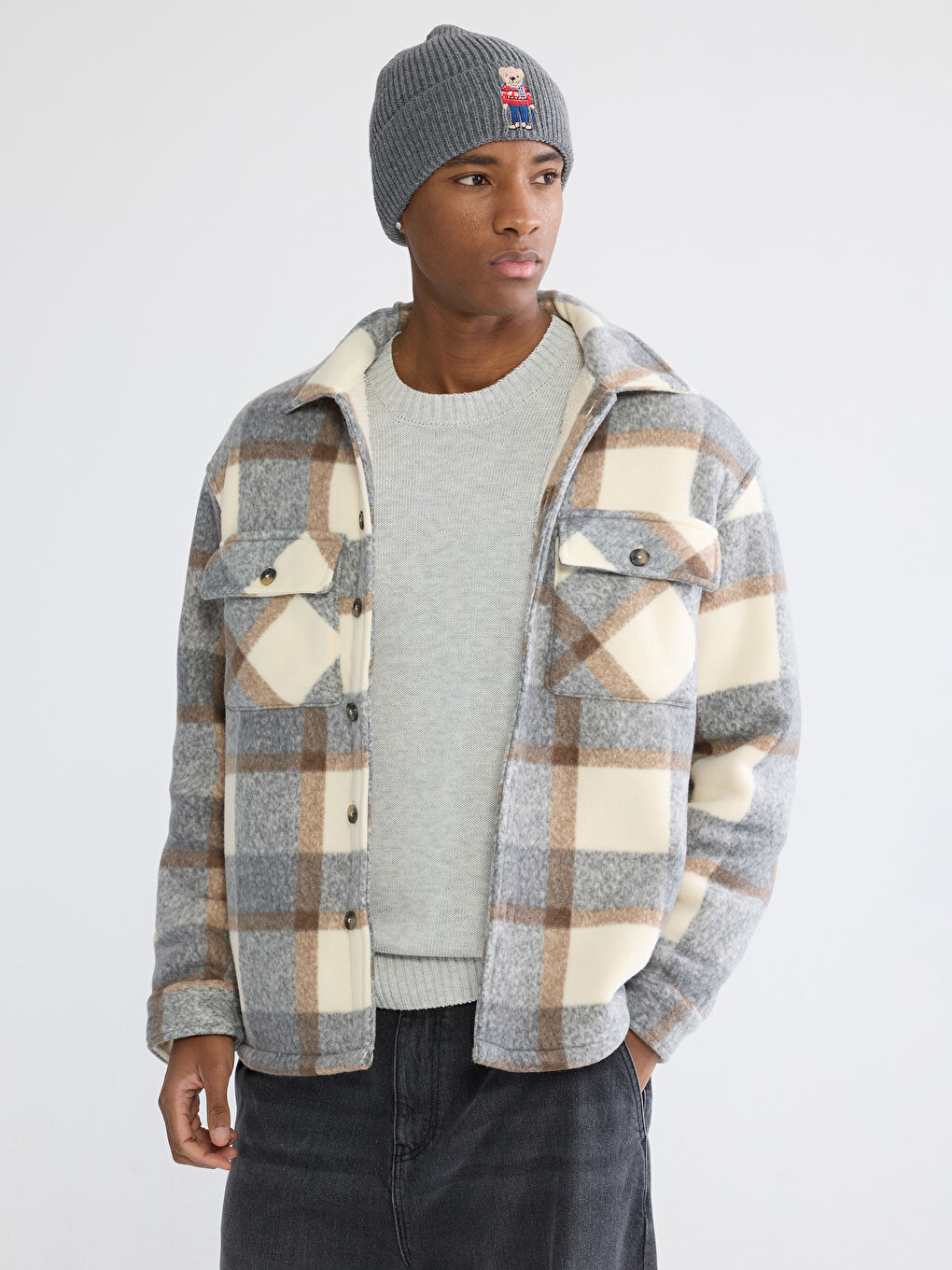 Gri Ayı Teddy Nakışlı Erkek Triko Bere-2