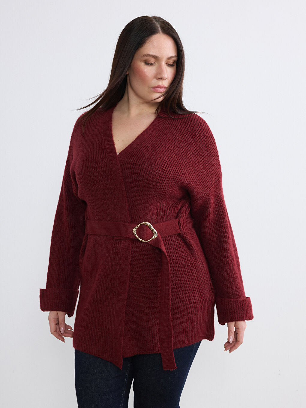 Bordo Şal Yaka Beli Kemerli Kadın Triko Hırka	
