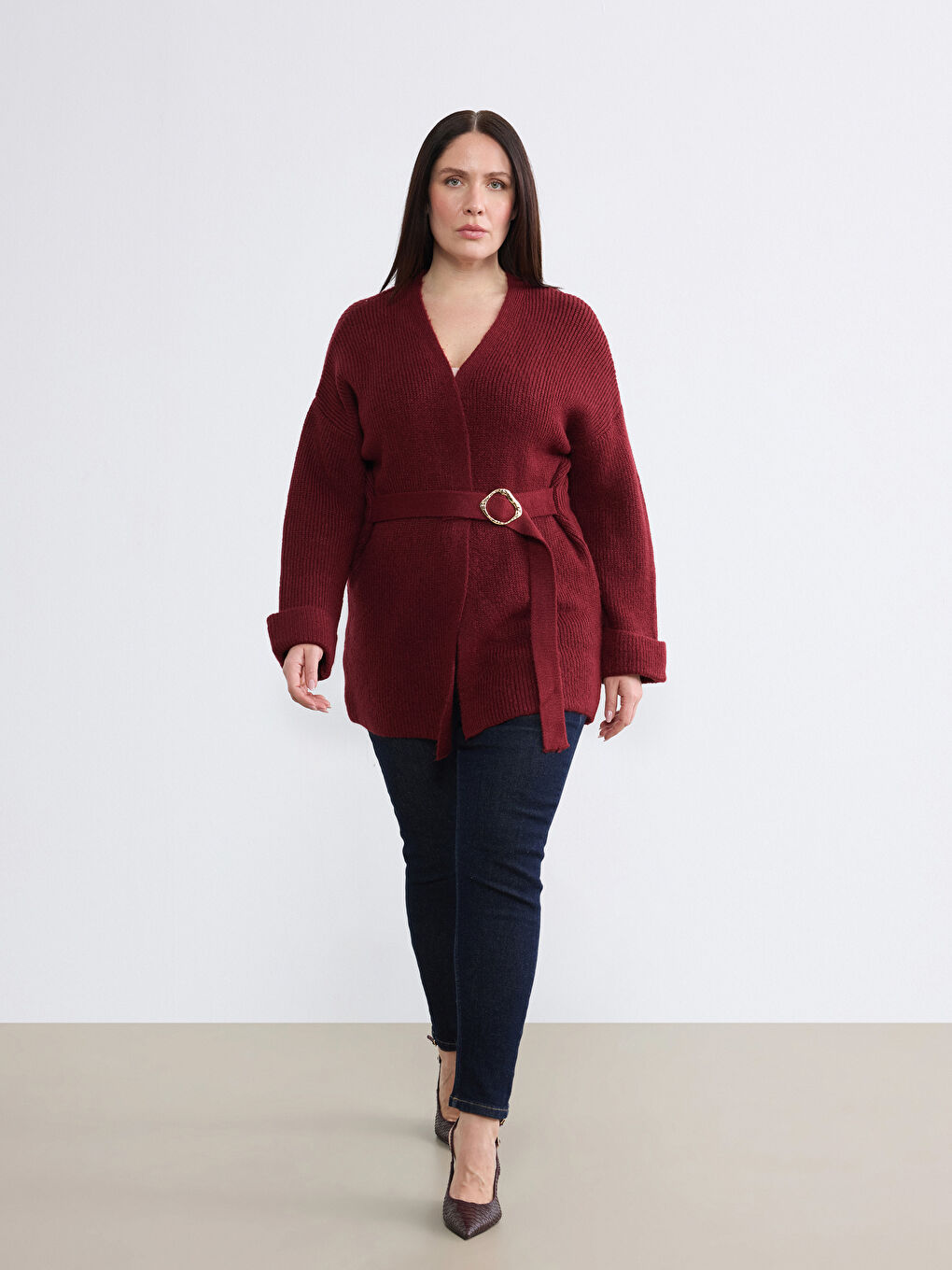 Bordo Şal Yaka Beli Kemerli Kadın Triko Hırka	-1