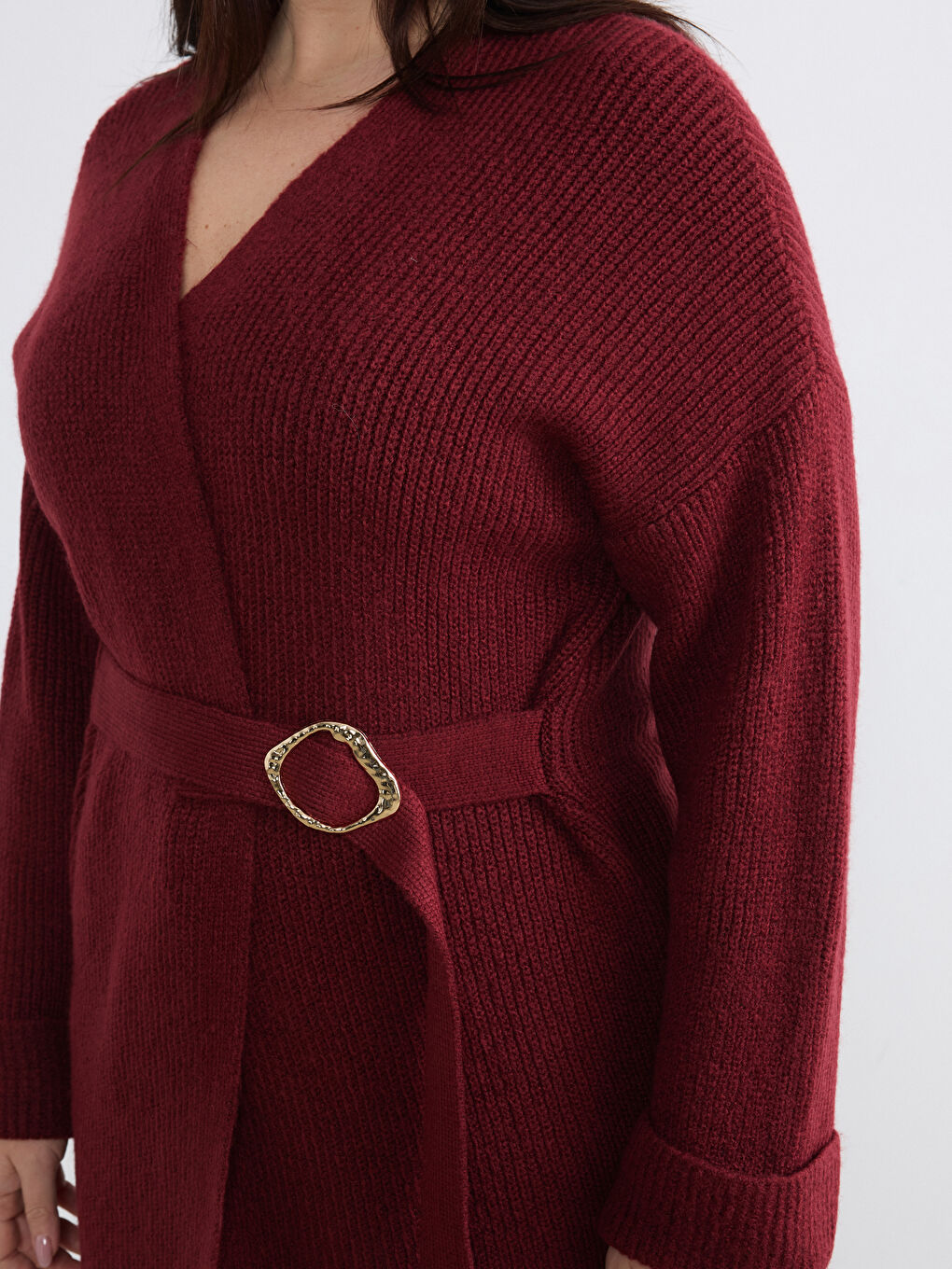 Bordo Şal Yaka Beli Kemerli Kadın Triko Hırka	-2