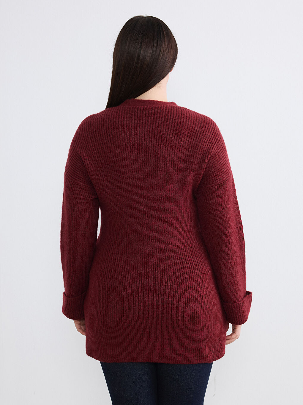 Bordo Şal Yaka Beli Kemerli Kadın Triko Hırka	-3