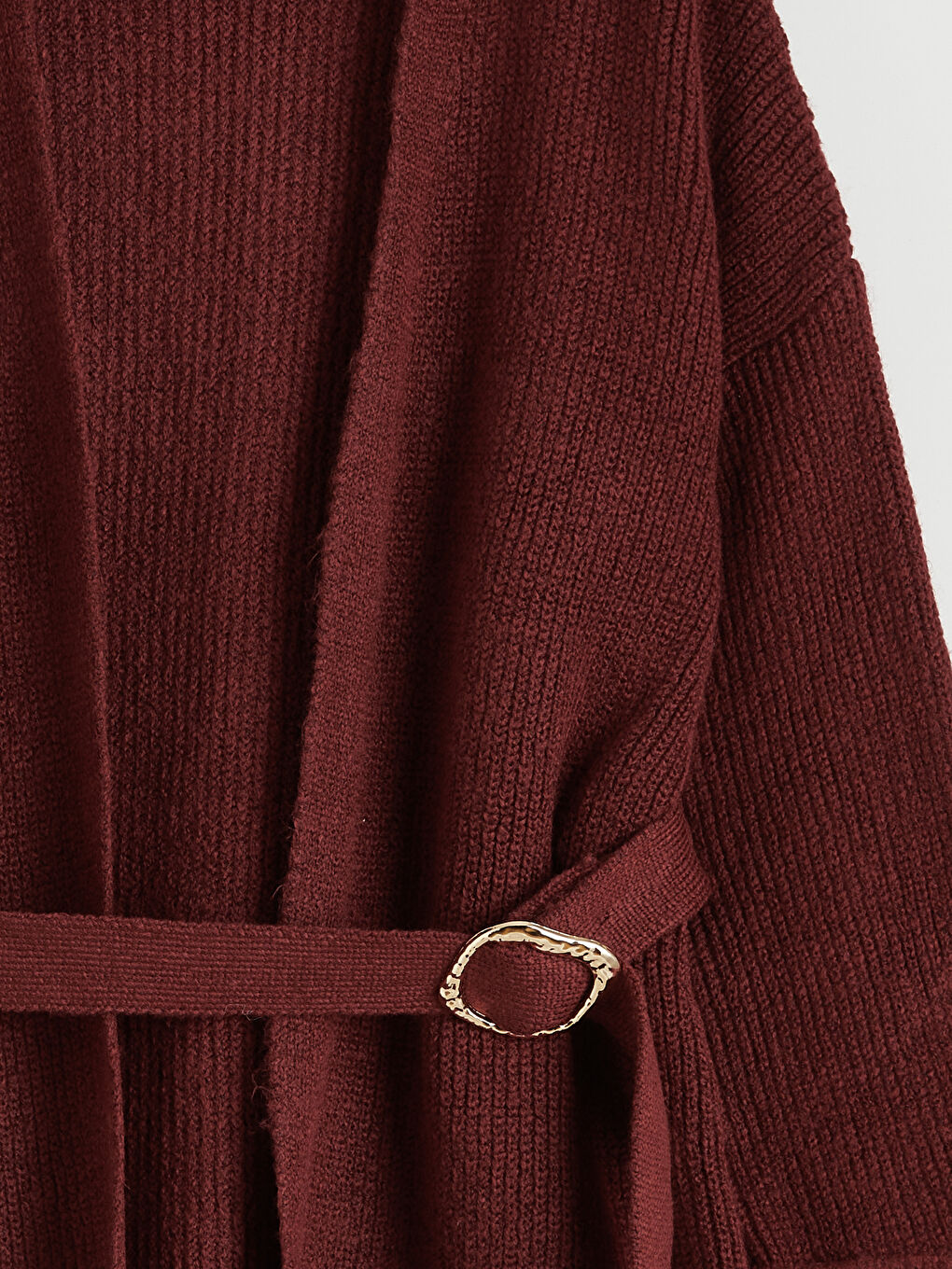 Bordo Şal Yaka Beli Kemerli Kadın Triko Hırka	-1