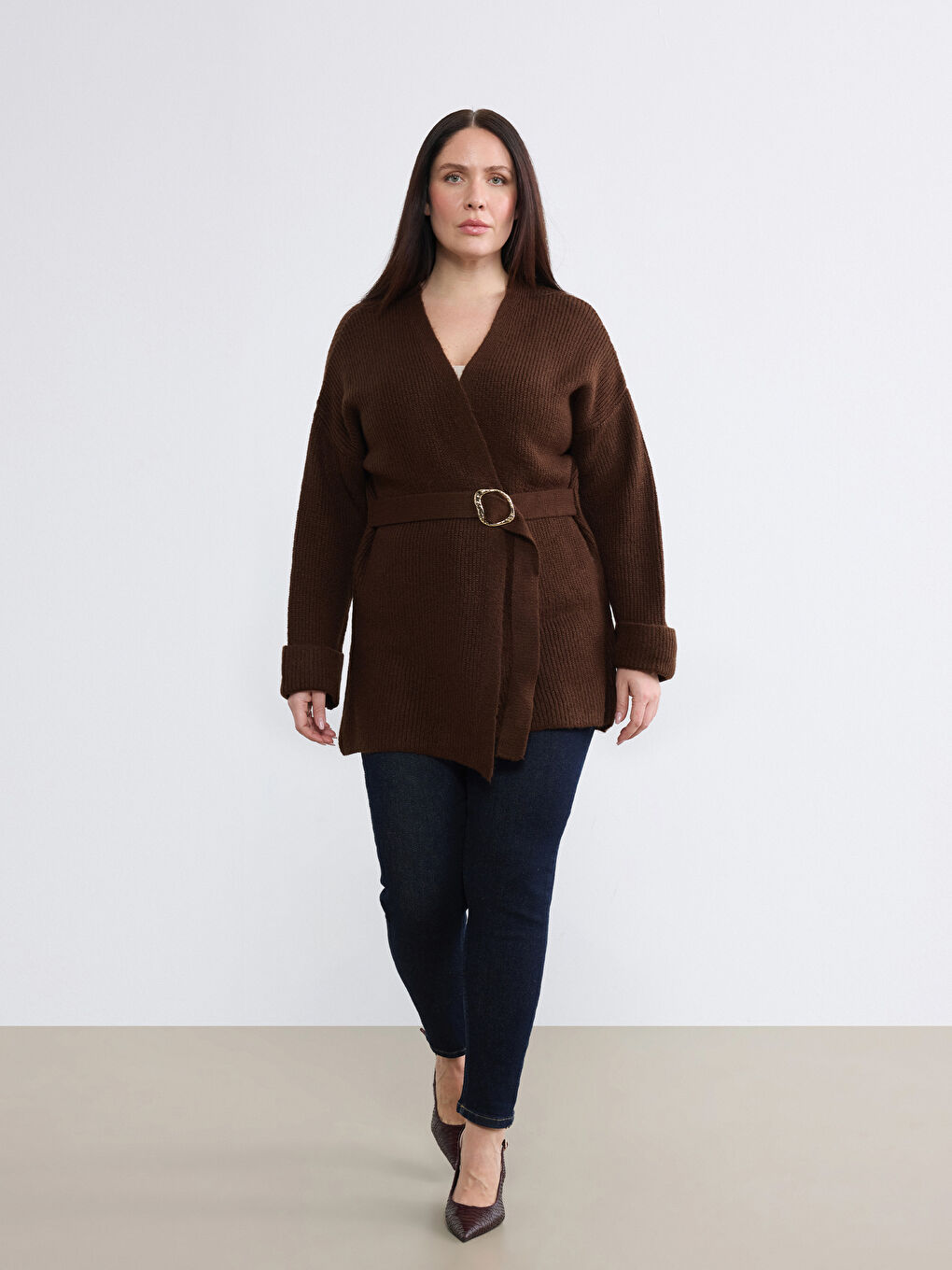 Kahverengi Şal Yaka Beli Kemerli Kadın Triko Hırka	-1