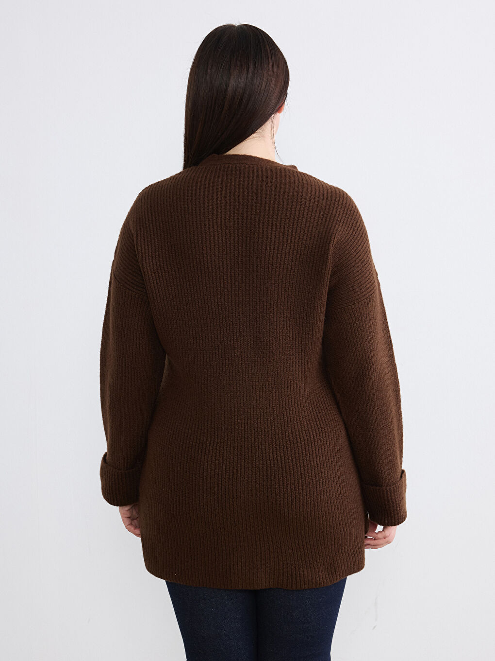 Kahverengi Şal Yaka Beli Kemerli Kadın Triko Hırka	-3
