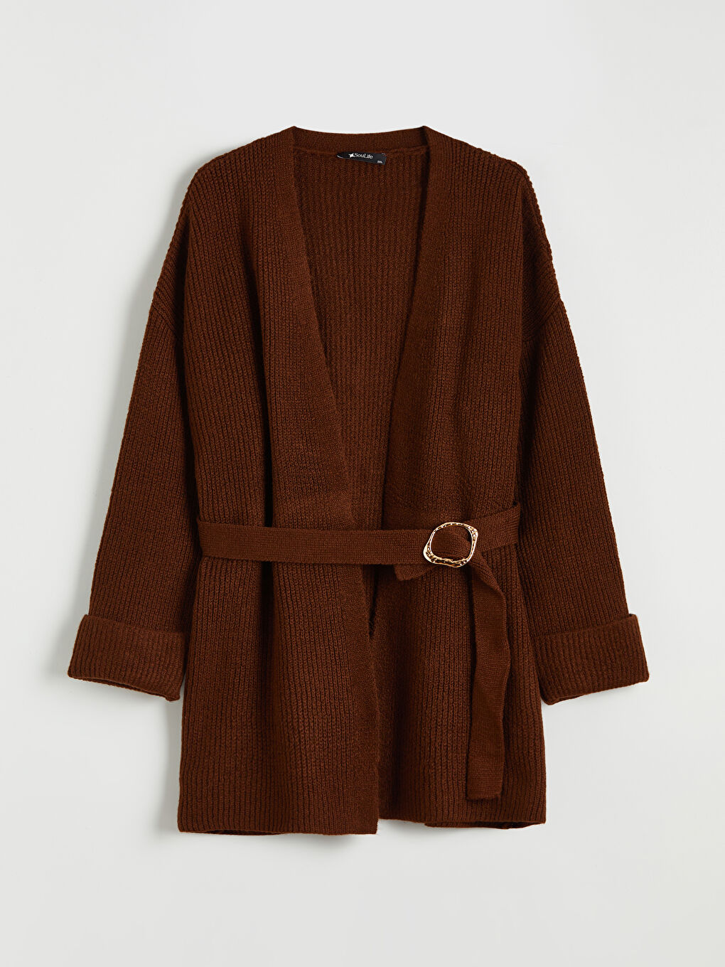 Kahverengi Şal Yaka Beli Kemerli Kadın Triko Hırka	