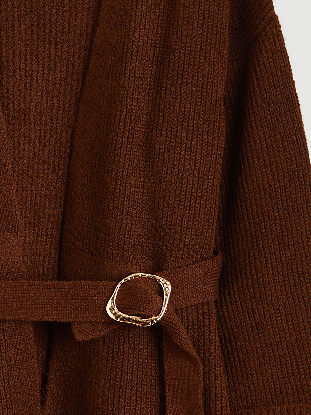 Kahverengi Şal Yaka Beli Kemerli Kadın Triko Hırka	-1