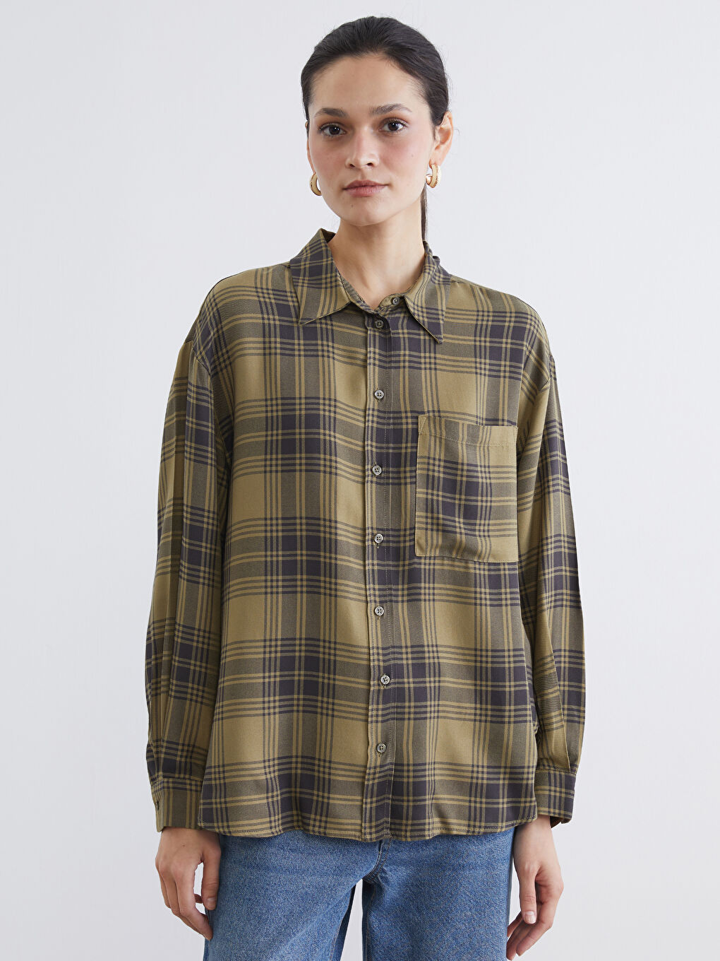 Yeşil Ekose Poplin Oversize Kadın Gömlek Tunik