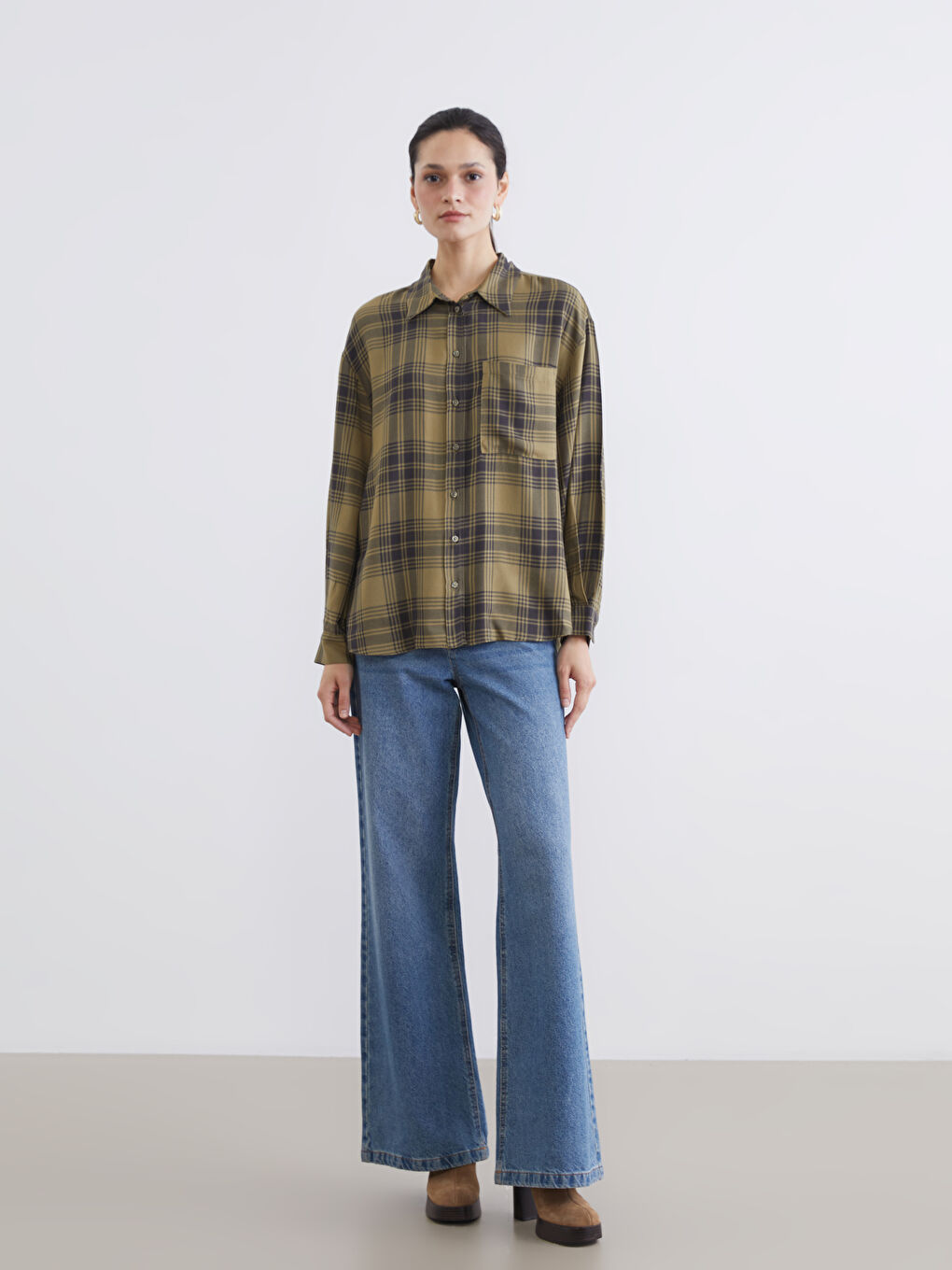 Yeşil Ekose Poplin Oversize Kadın Gömlek Tunik-1