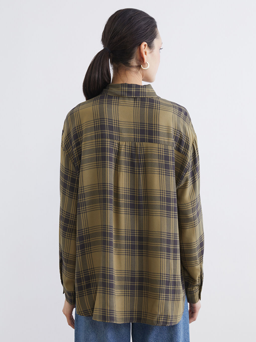 Yeşil Ekose Poplin Oversize Kadın Gömlek Tunik-3