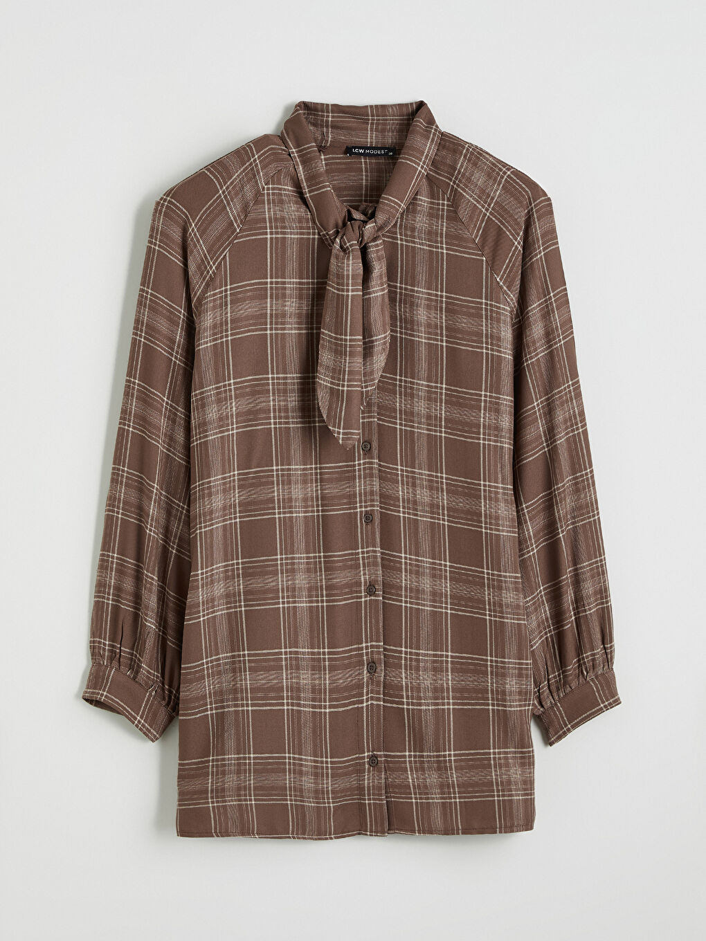 Kahverengi Fular Yaka Ekose Kadın Gömlek Tunik-4