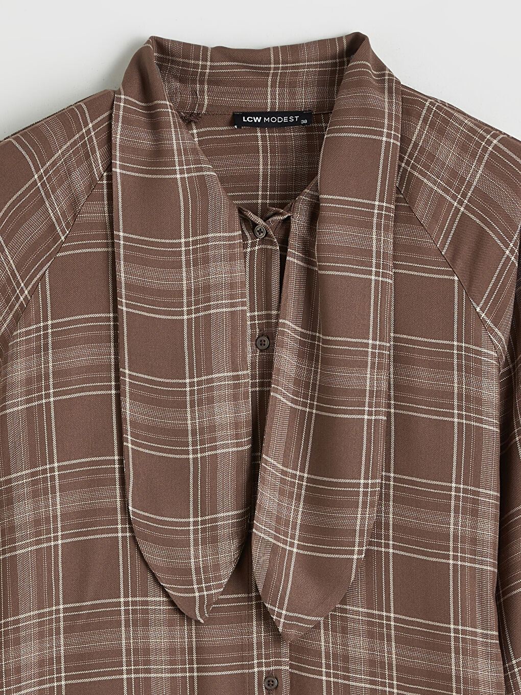 Kahverengi Fular Yaka Ekose Kadın Gömlek Tunik-5